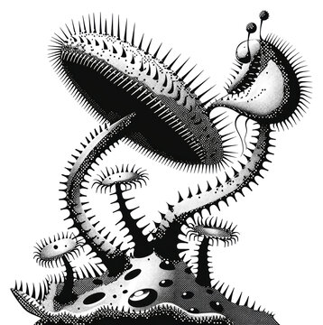 PNG Venus flytrap eating a pizza slice art black white.