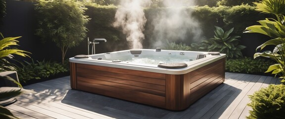 Hot tub steam in a lush garden.