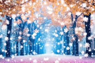 An enchanting scene of snowflakes gently descending amidst a path bordered by vibrant autumn trees, blending fall's warmth and winter's chill into one magical setting.