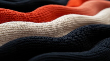 Close-up of a pile of folded fabric in various colors. the fabric appears to be made of a soft, knitted material and has a ribbed texture. the colors of the fabric are red, orange, white, and black.