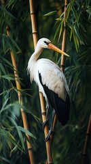 Obraz premium White stork perched on bamboo stalks amidst lush green foliage.