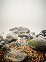 The bank of a foggy river, near which lie large stones in the water. Very thick fog over the river