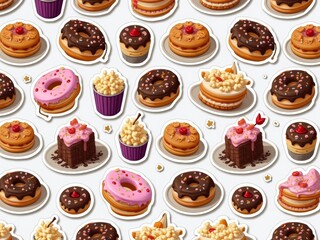Delicious Assortment of Desserts Including Donuts, Popcorn, and Cakes Presented on Plates and in Cups in a Colorful Arrangement