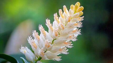 close up photograph of white ginger lily, showcasing its delicate petals and vibrant yellow tips, evokes sense of tranquility and beauty