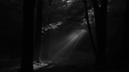 Obraz premium A serene black and white forest scene with rays of light filtering through the trees.