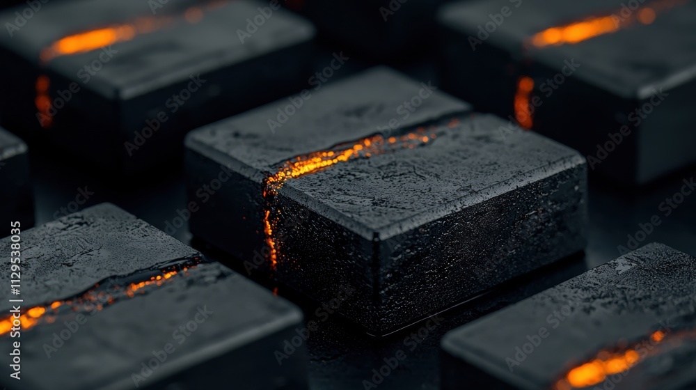 Poster group of small black cubes arranged in a grid-like pattern on a black surface. the cubes appear to b