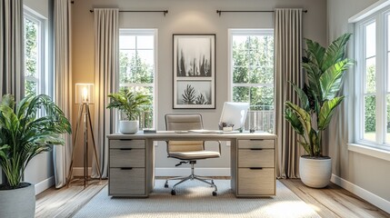 Fototapeta premium Bright home office with large windows, desk, plants, and natural light.