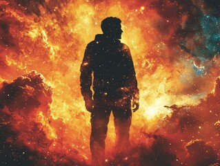 Naklejka premium Silhouette of a man against cosmic flames unknown location digital art surreal environment artistic viewpoint exploration concept