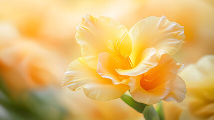 Obraz premium macro photograph of yellow gladiolus flower, showcasing its delicate petals and vibrant color, evokes sense of tranquility and beauty