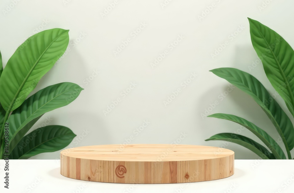 Poster empty round wooden podium for product presentation and green leaves on a light background. mock up f