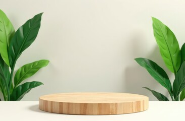 Empty round wooden podium for product presentation and green leaves on a light background. Mock up for displaying works