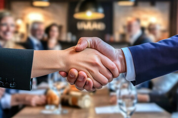Two business professionals shake hands across a table, symbolizing a successful agreement made during a formal meeting in a modern, collaborative setting.