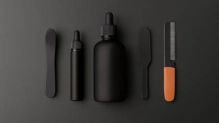 Obraz premium Set of five black objects arranged on a dark grey background. on the left side of the image, there is a black dropper bottle with a black cap and a black handle.