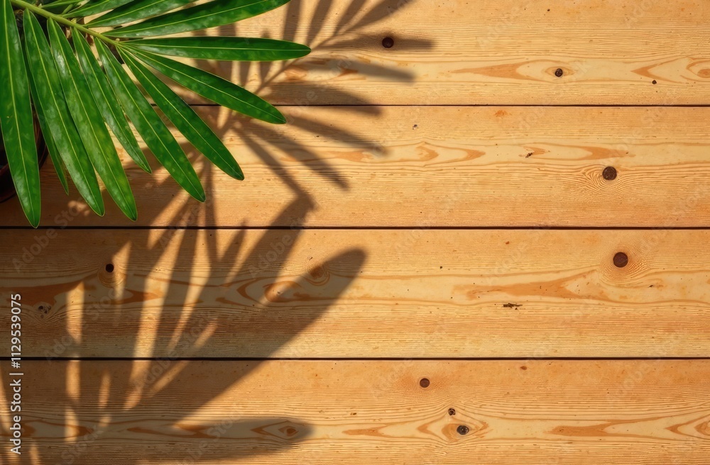 Poster top view of soft brown table with high resolution texture and palm leafs shadows, summer table backg