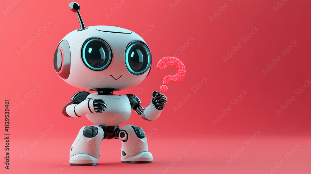 Poster Cute robot character with large eyes and a question mark on a red background showcasing curiosity and playfulness