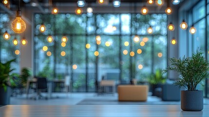 Modern office interior with decorative lighting and plants during late afternoon