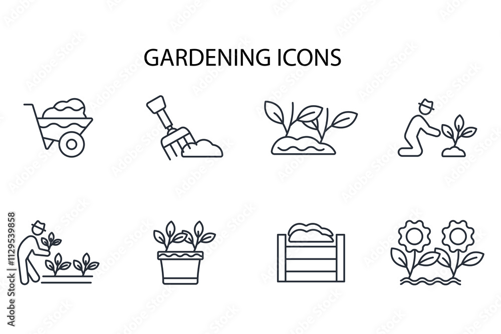 Poster gardening icon set.vector.editable stroke.linear style sign for use web design,logo.symbol illustrat