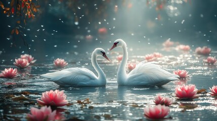 Serene Scene of Two Gentle Swans Forming a Heart in a Tranquil Lotus Flower Pond with Soft Light and Floating Petals in a Misty Morning