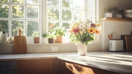 Bright kitchen with a vibrant bouquet near the window, inviting a warm and natural feel to the space.