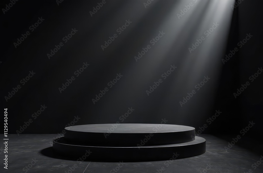 Poster black abstract table stage with light beams and shadows, empty stage podium for products placement a