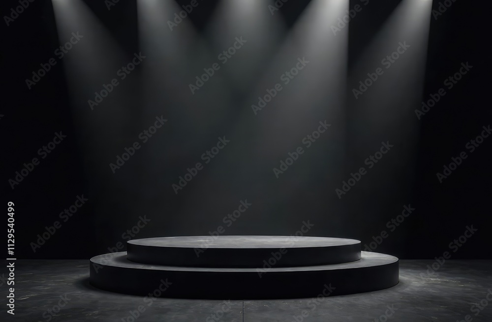 Poster black abstract table stage with light beams and shadows, empty stage podium for products placement a