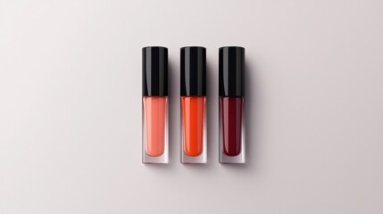 Obraz premium Three lip glosses arranged in a row on a plain white background. the lipsticks are cylindrical in shape with a black cap on top.