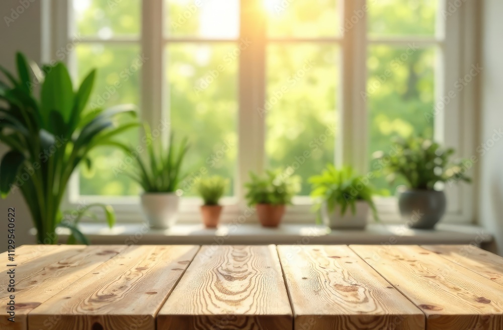 Poster wooden table on the blurred light abstract home with plants and windows background bokeh, special em