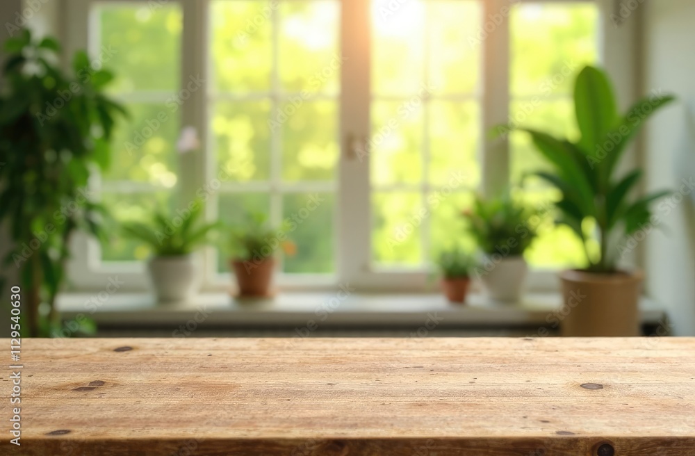 Poster wooden table on the blurred light abstract home with plants and windows background bokeh, special em