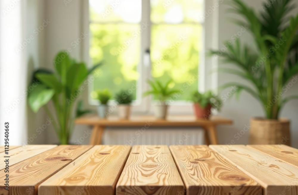 Poster wooden table on the blurred light abstract home with plants and windows background bokeh, special em