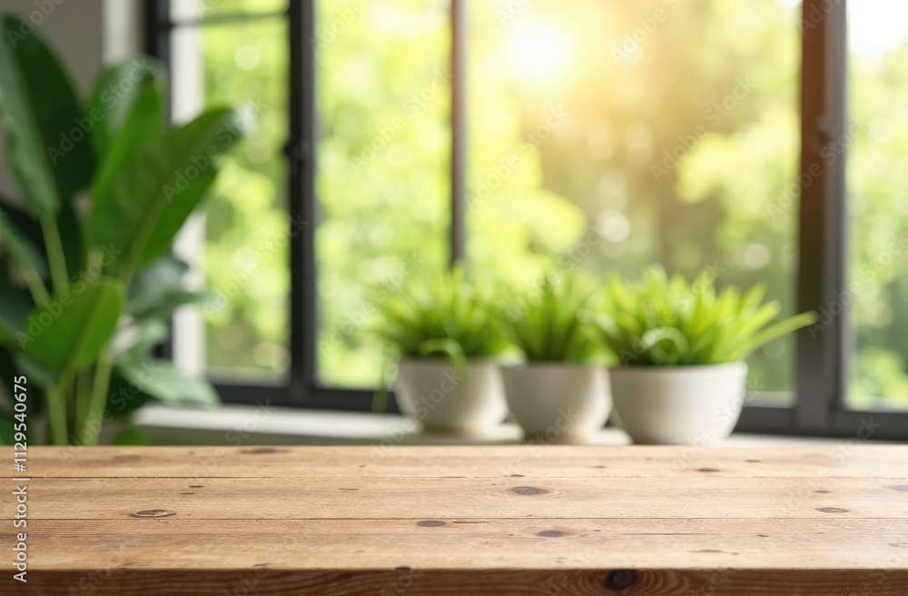 Poster wooden table on the blurred light abstract home with plants and windows background bokeh, special em