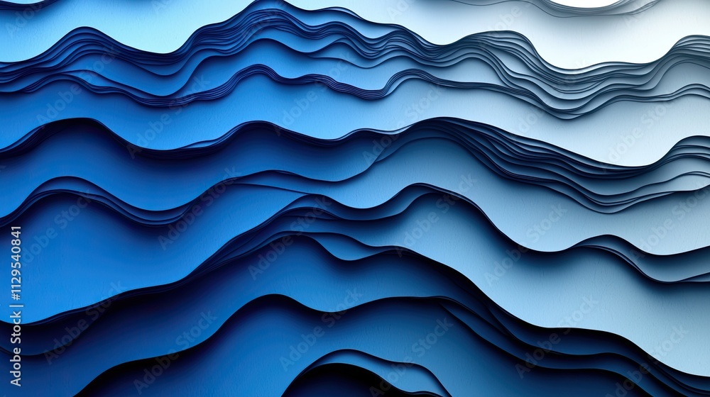 Poster layers of blue paper create a stunning abstract wave pattern in a modern artistic display