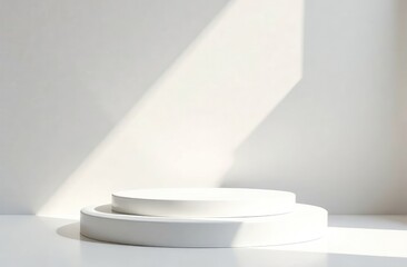 Podium white table background stage with sunlight and shadows for products design and cosmetics