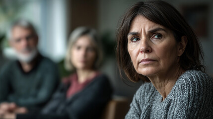Obraz premium Worried Woman with Family Sadness Grief Concern Middle aged Female