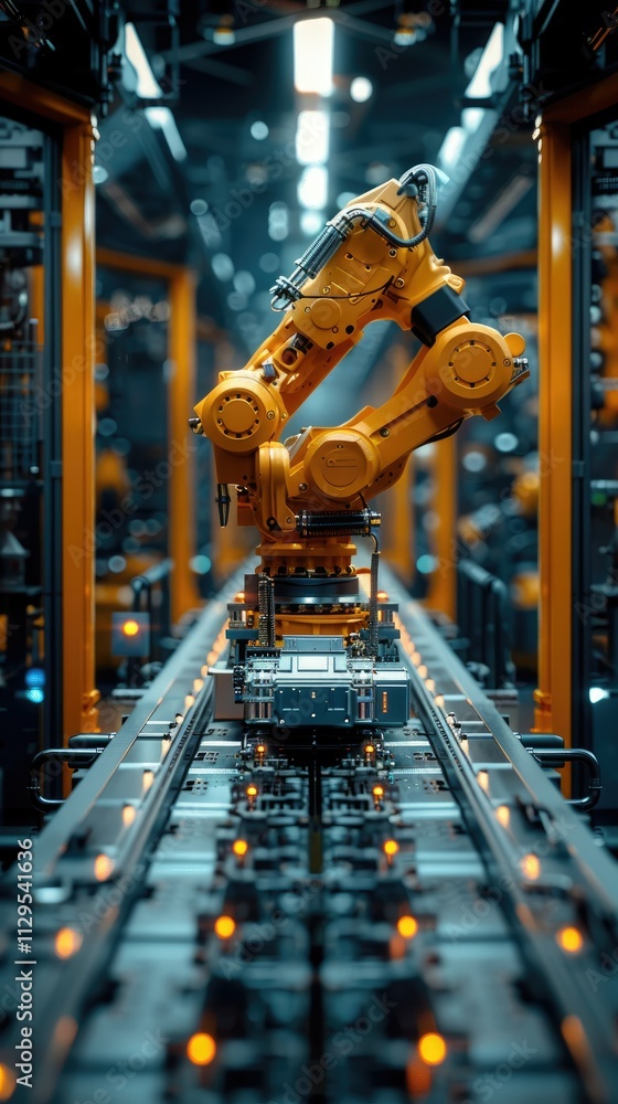 Poster robotic arm on assembly line in factory.