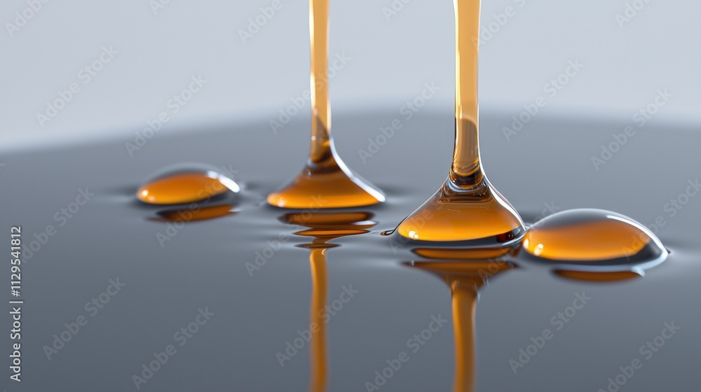Poster two droplets of honey dripping down from a wine glass onto a grey surface. the droplets are of diffe