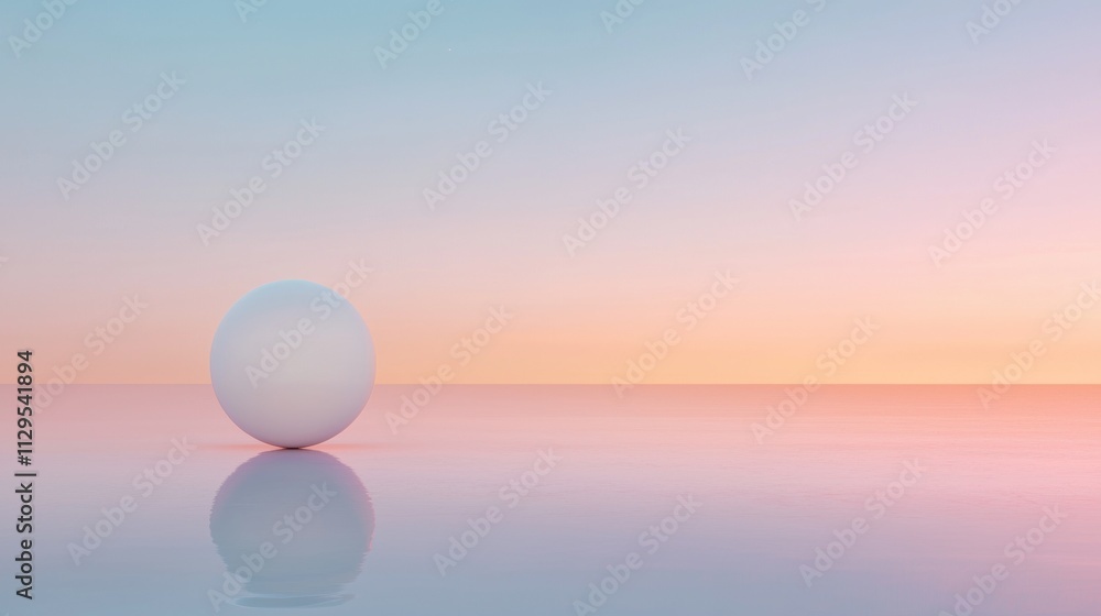 Poster photograph of a single white sphere floating on a calm body of water. the sphere is in the center of