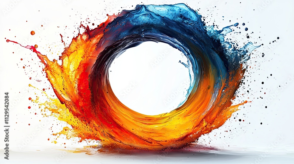 Poster vibrant swirl of orange and blue paint creating a mesmerizing circular splash in an artistic display