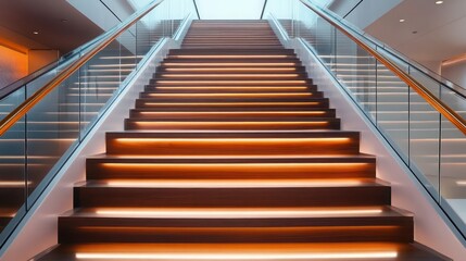 A sleek modern staircase with rich wooden steps, each lit from below by discreet LED strips, framed by glass railings and a minimalist, luxurious interior