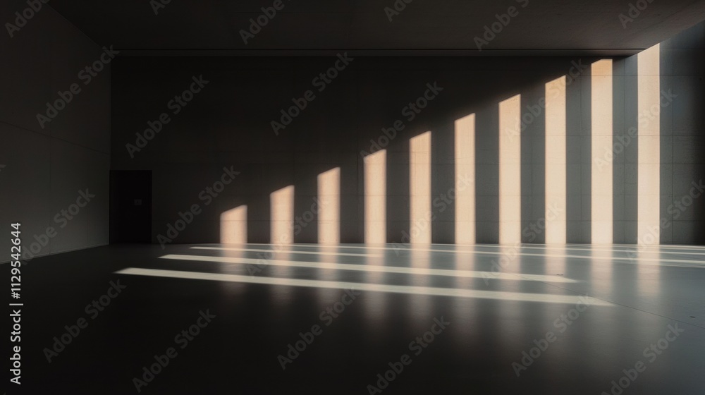 Poster empty room with a long, straight line of light shining through the windows on the right side of the 