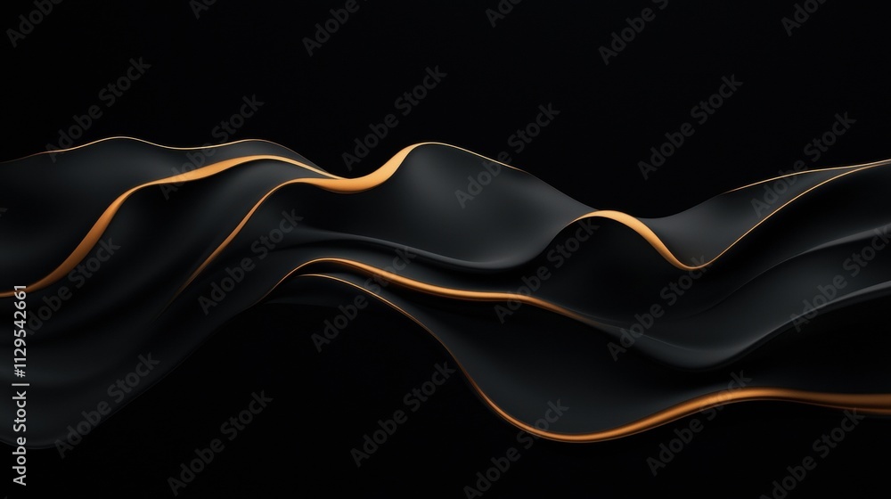 Poster Abstract digital art piece with a black background. it features a wave-like pattern of black and orange lines that create a sense of movement and depth.