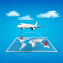 Plane flying from one location to another over a world map, on blue background, vector illustration