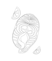 Outlined fish fillet. Salmon, tuna, cod, trout steak. Isolated fish contour for menu , restaurant. Fish fillet with lemon slices. Black and white colouring book. Print doodle.  Vector illustration