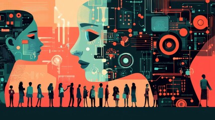 Abstract faces, circuitry, people await interaction.