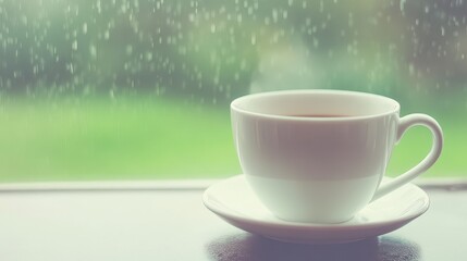 Fototapeta premium A serene cup of tea sits on a saucer by a rain-streaked window, evoking calmness.