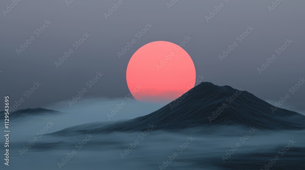 Poster digital illustration of a mountain range with a large red sun in the background. the mountain is in 