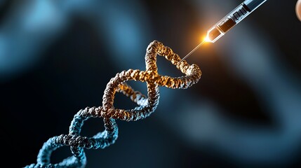 Close-up of a DNA double helix with a syringe, symbolizing genetic engineering.