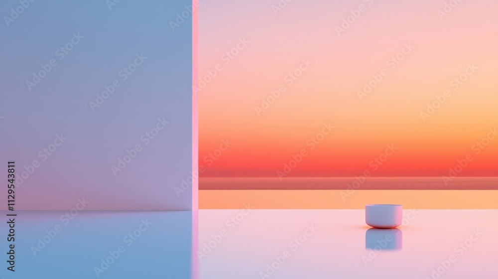 Poster digital art piece that appears to be a 3d rendering. it has a gradient effect, with the left side be
