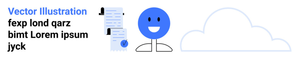 Blue happy face, document stack with a sealed envelope, and outlined cloud. Ideal for tech, communication, cloud storage, documents management, user interface, educational content, digital services