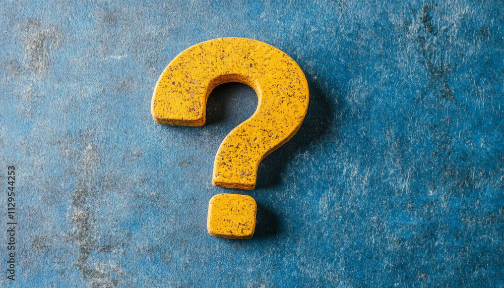 Poster bright yellow question mark on blue background invites curiosity and prompts inquiry about its meani