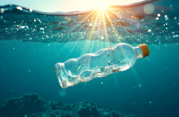 Plastic bottle submerged in the ocean underscores the urgent environmental pollution problem, emphasizing the critical need for immediate conservation actions to safeguard marine ecosystems